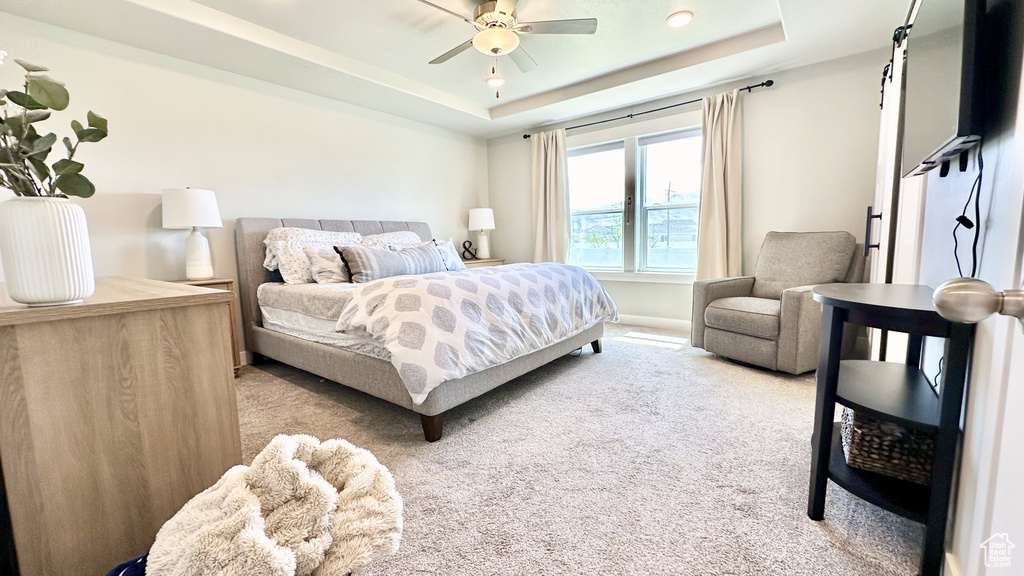 Bedroom featuring carpet, a tray ceiling, ceiling fan, and baseboards