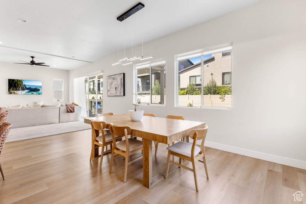 Dining space featuring light wood-style flooring, baseboards, and a ceiling fan