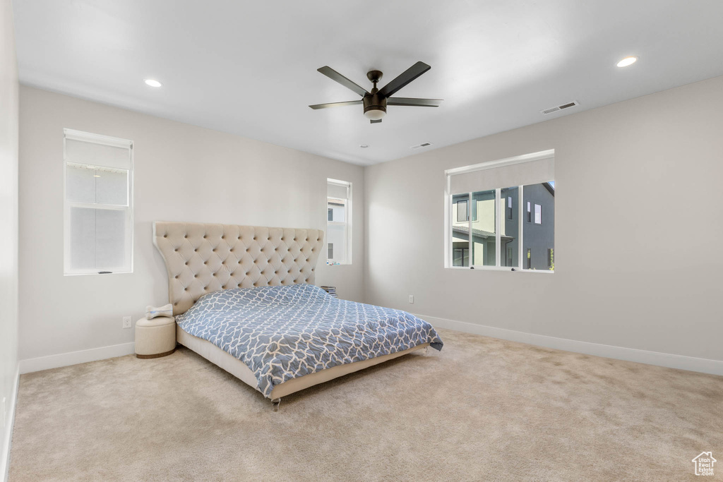 Bedroom with baseboards, carpet floors, recessed lighting, and ceiling fan