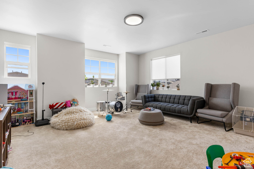 Living room featuring plenty of natural light and carpet