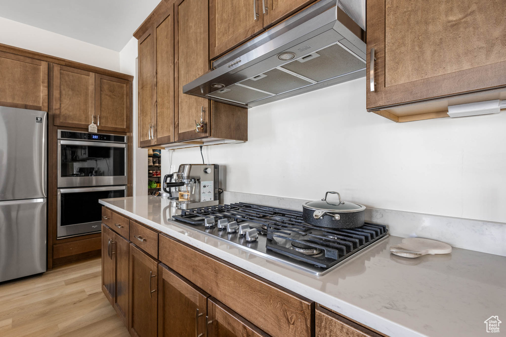 Kitchen with under cabinet range hood, stainless steel appliances, and light wood-style flooring