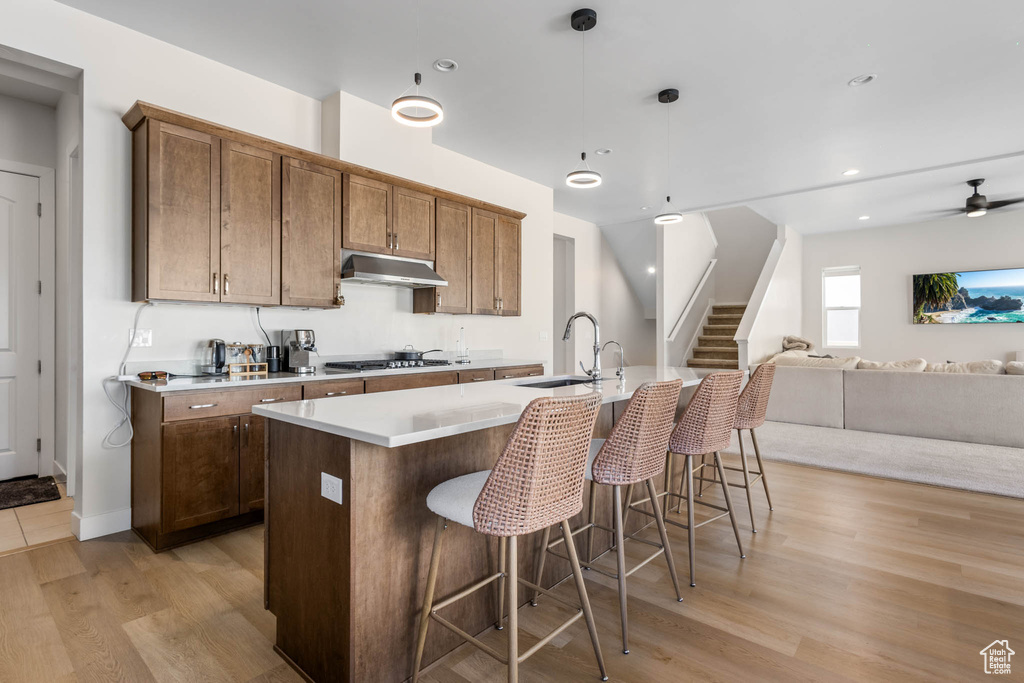 Kitchen featuring a sink, under cabinet range hood, light wood-style floors, open floor plan, and a center island with sink