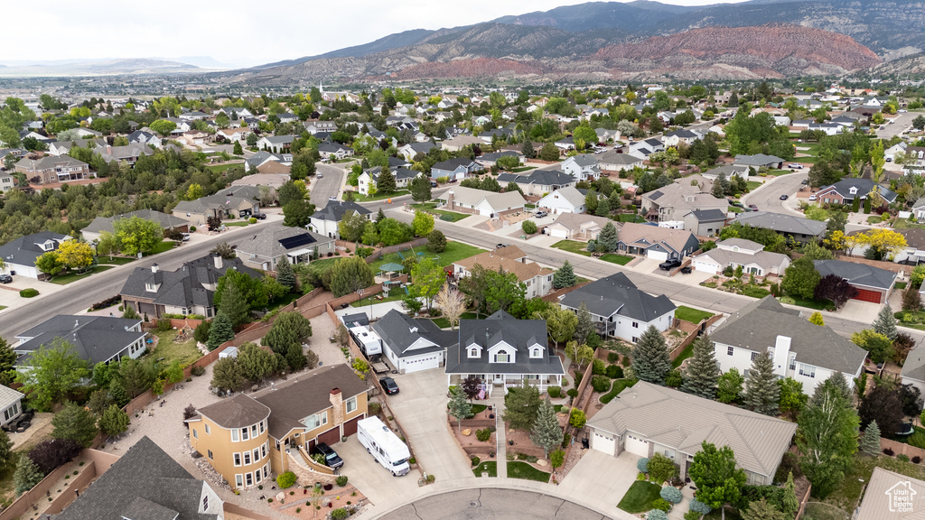 Aerial perspective of suburban area with mountains