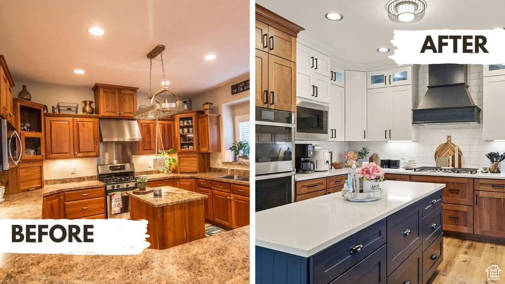 Kitchen with a kitchen island, premium range hood, stainless steel appliances, brown cabinets, and extractor fan