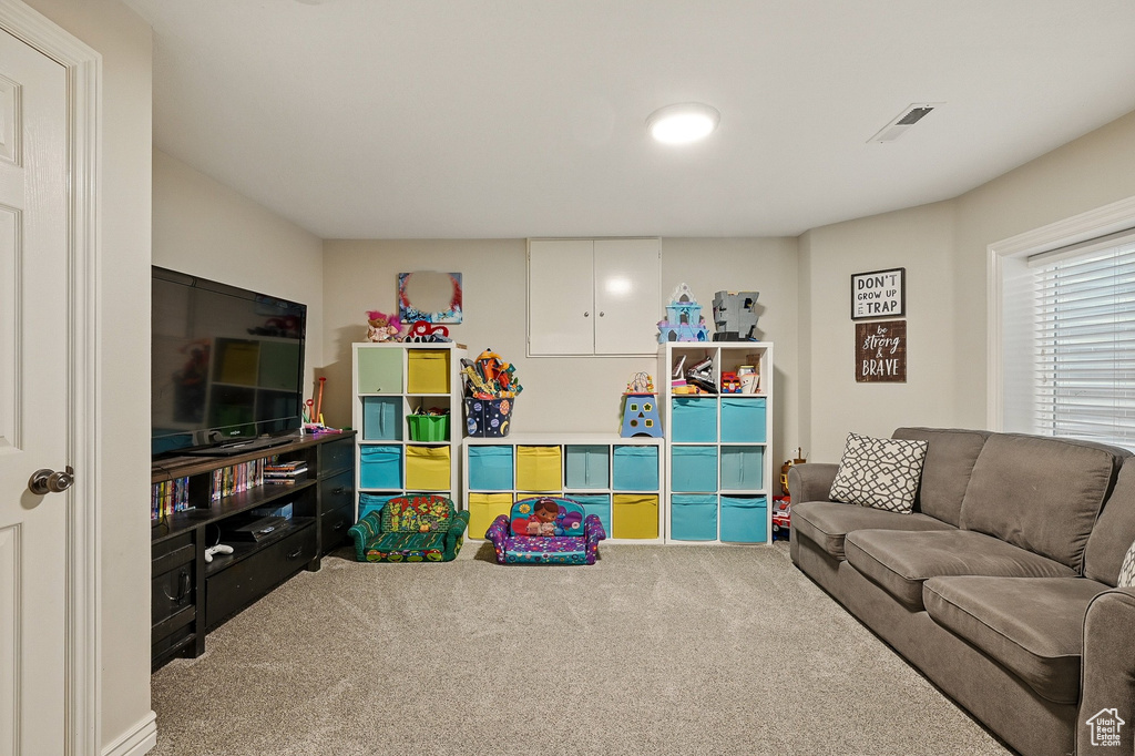 Rec room with carpet flooring