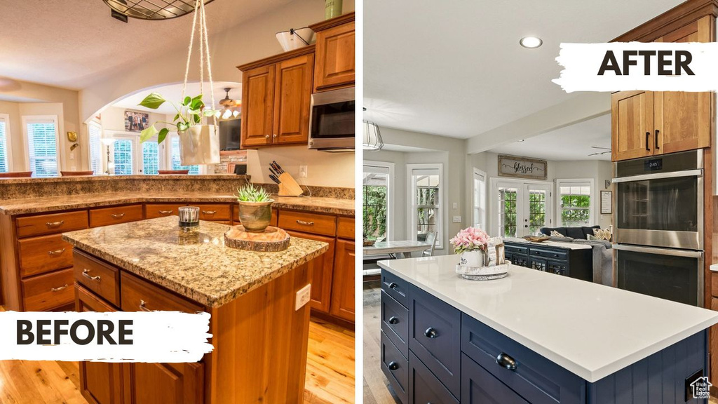 Kitchen featuring a kitchen island, appliances with stainless steel finishes, brown cabinets, light wood finished floors, and open floor plan