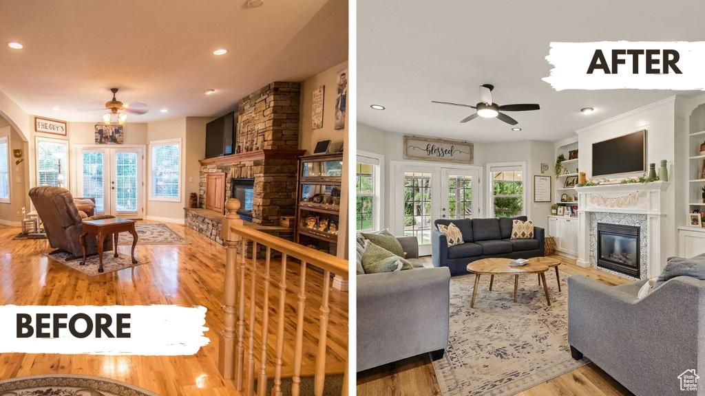 Living room featuring a glass covered fireplace, ceiling fan, plenty of natural light, and recessed lighting