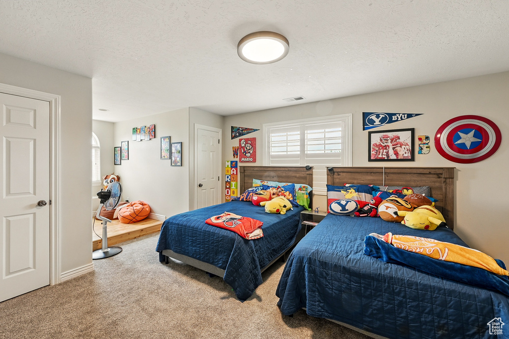 Carpeted bedroom featuring multiple windows, a textured ceiling, and baseboards
