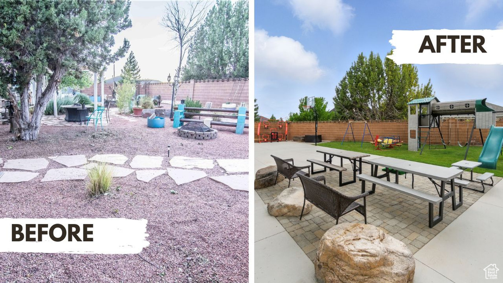 View of community with a fire pit, a playground, and a patio area