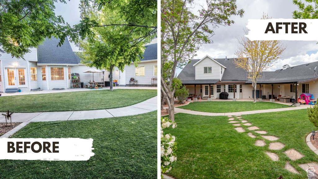 View of front of house featuring a patio, a front yard, a shingled roof, and french doors