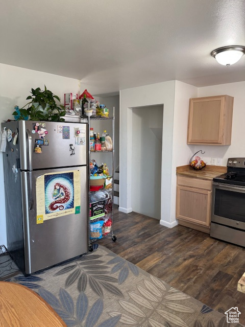 Kitchen featuring appliances with stainless steel finishes, dark wood finished floors, light brown cabinetry, and butcher block counters