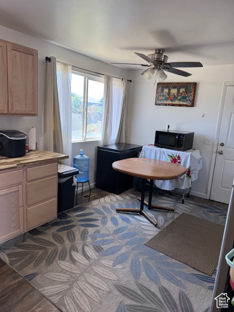 Dining space with ceiling fan and dark carpet