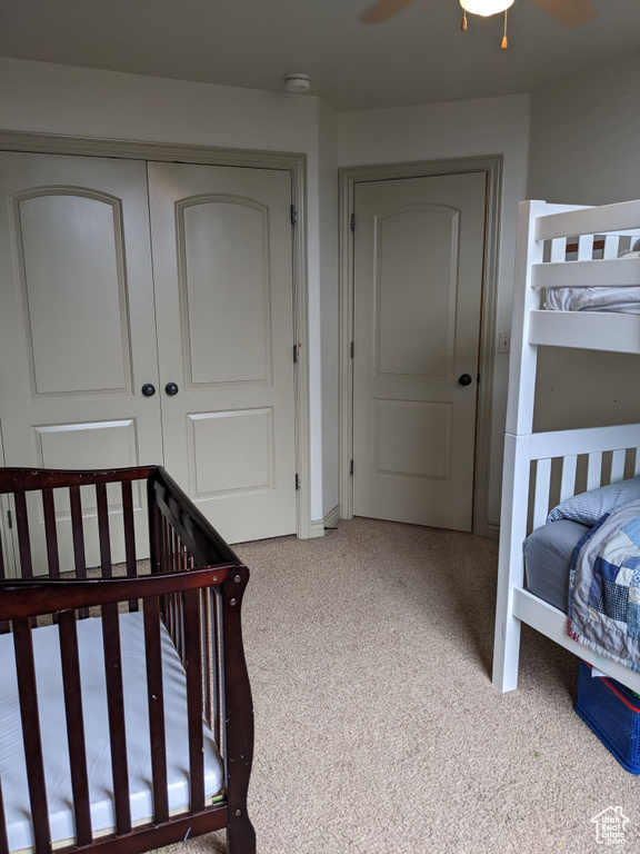 Carpeted bedroom with a closet