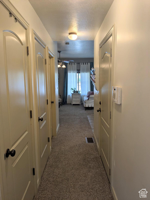 Corridor featuring carpet flooring and a textured ceiling