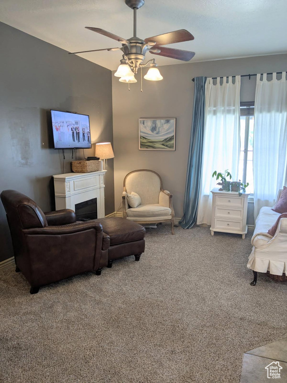 Living area with carpet, ceiling fan, and a fireplace