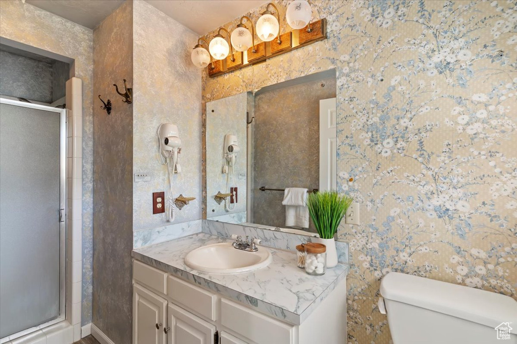 Full bathroom featuring vanity, a stall shower, and toilet
