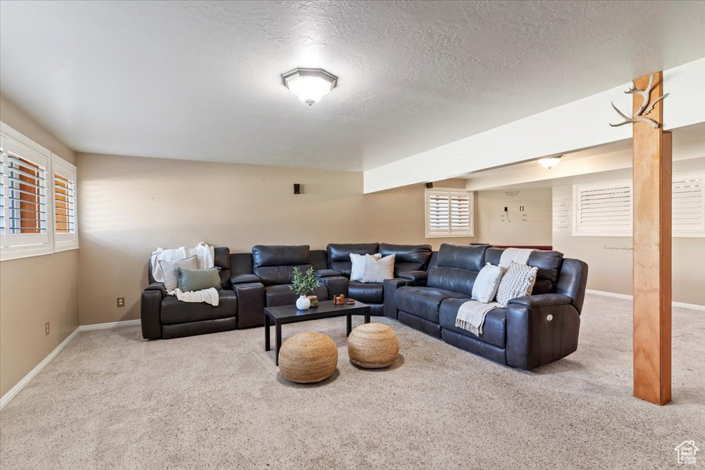 Carpeted living area with baseboards and a textured ceiling