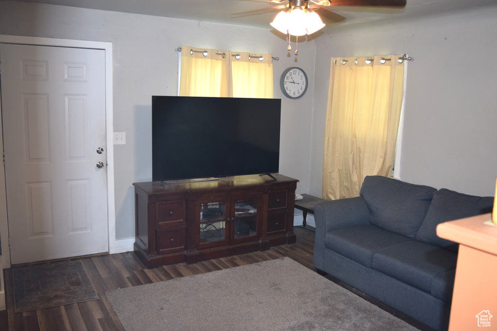 Living area featuring wood finished floors and ceiling fan