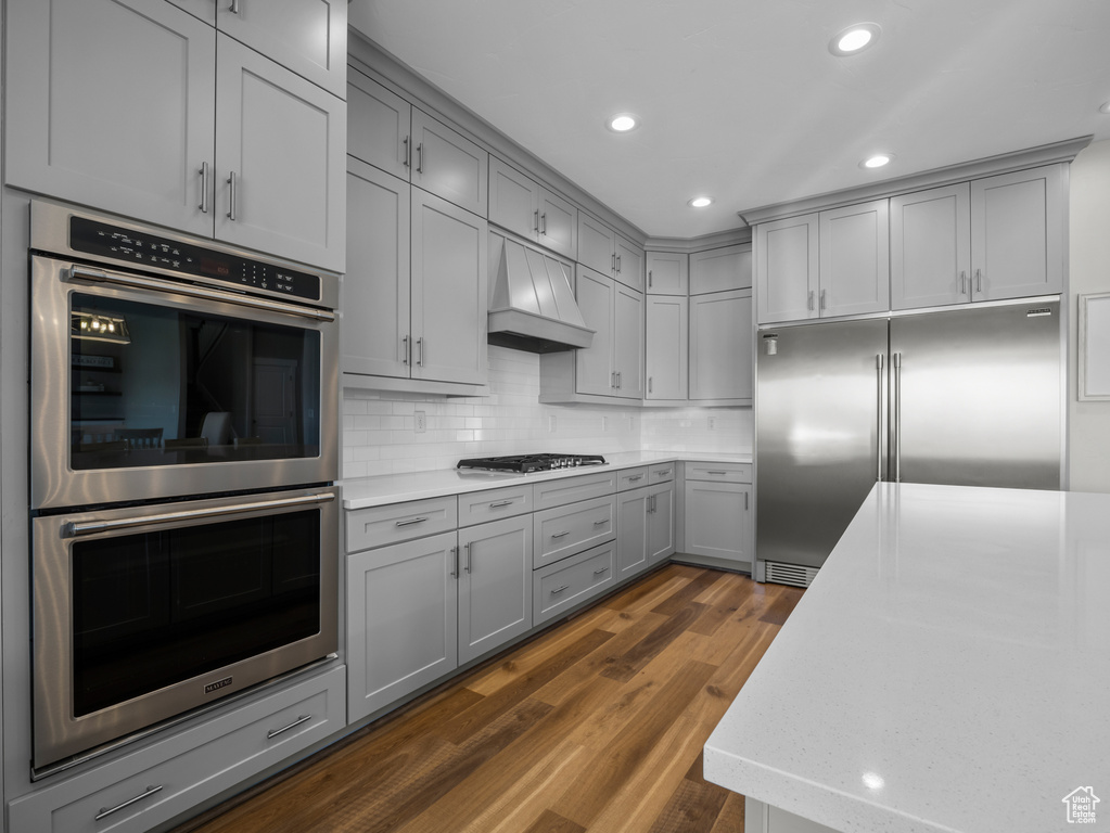 Kitchen with gray cabinetry, appliances with stainless steel finishes, premium range hood, light countertops, and dark wood-style floors
