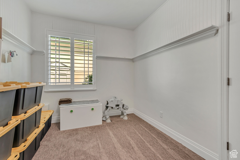 Washroom with carpet floors and baseboards