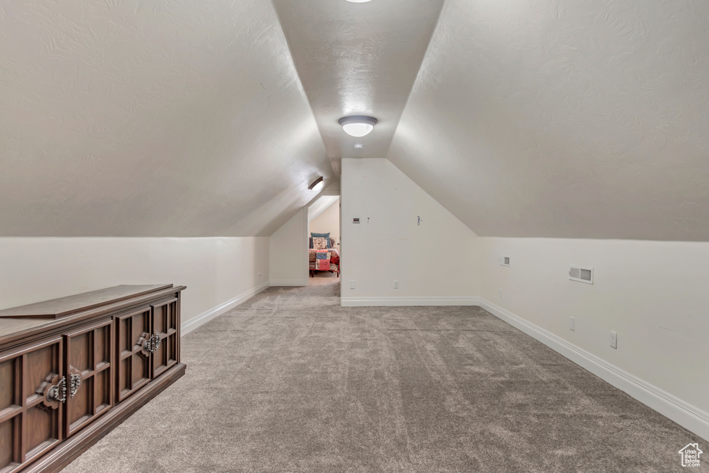 Additional living space featuring light carpet, baseboards, lofted ceiling, and a textured ceiling