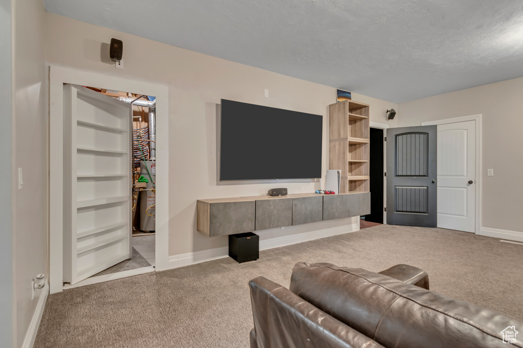 Carpeted living area with baseboards and a textured ceiling