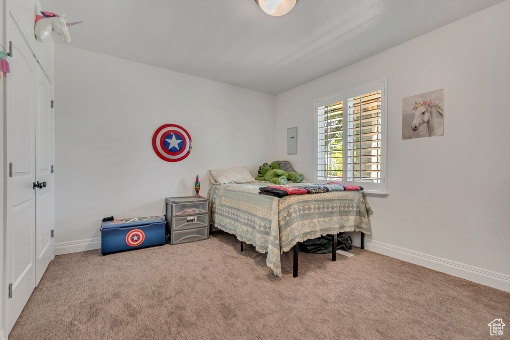 Carpeted bedroom with electric panel and baseboards