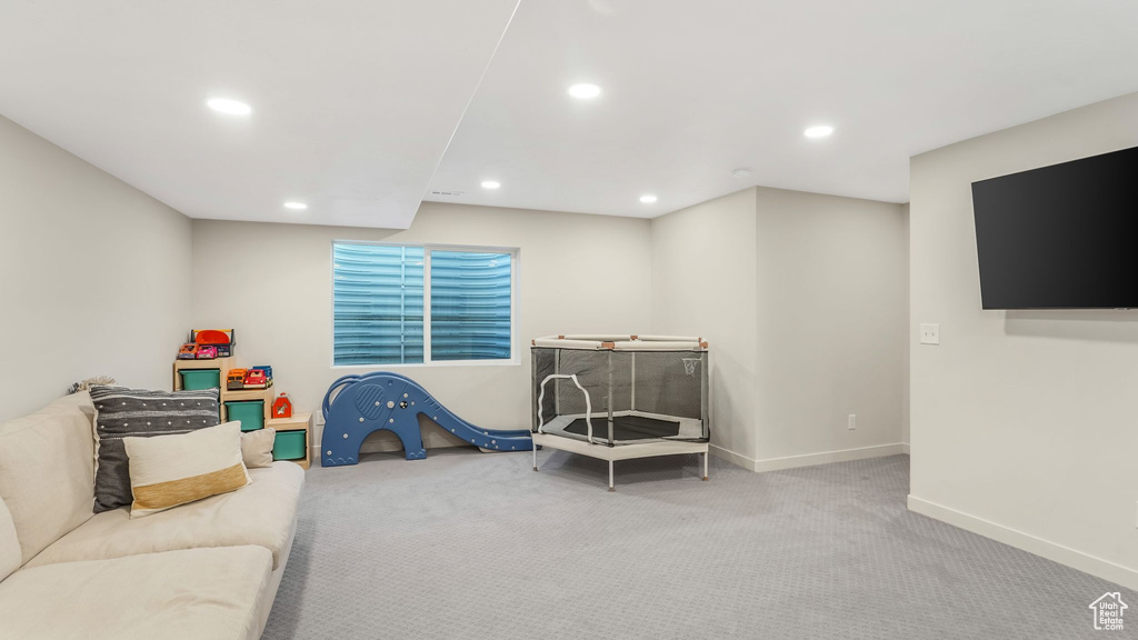 Playroom featuring carpet flooring, recessed lighting, and baseboards