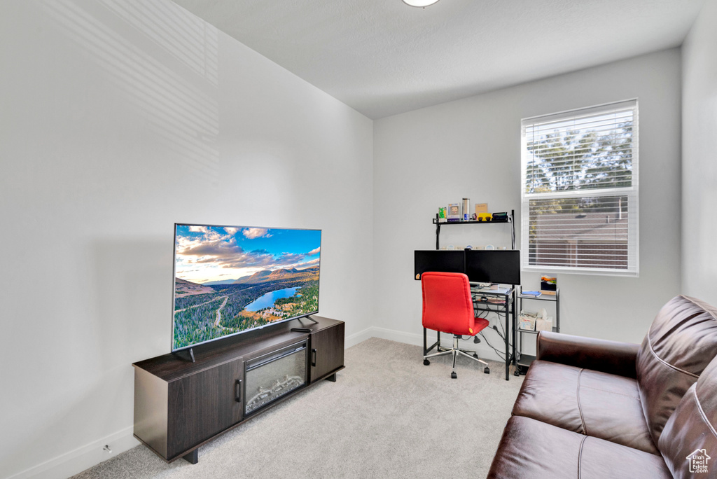 Carpeted office space with baseboards