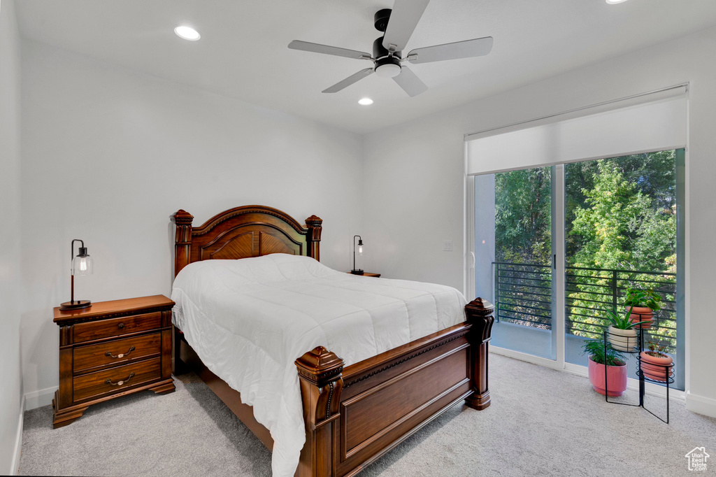 Bedroom featuring access to outside, light carpet, recessed lighting, baseboards, and ceiling fan
