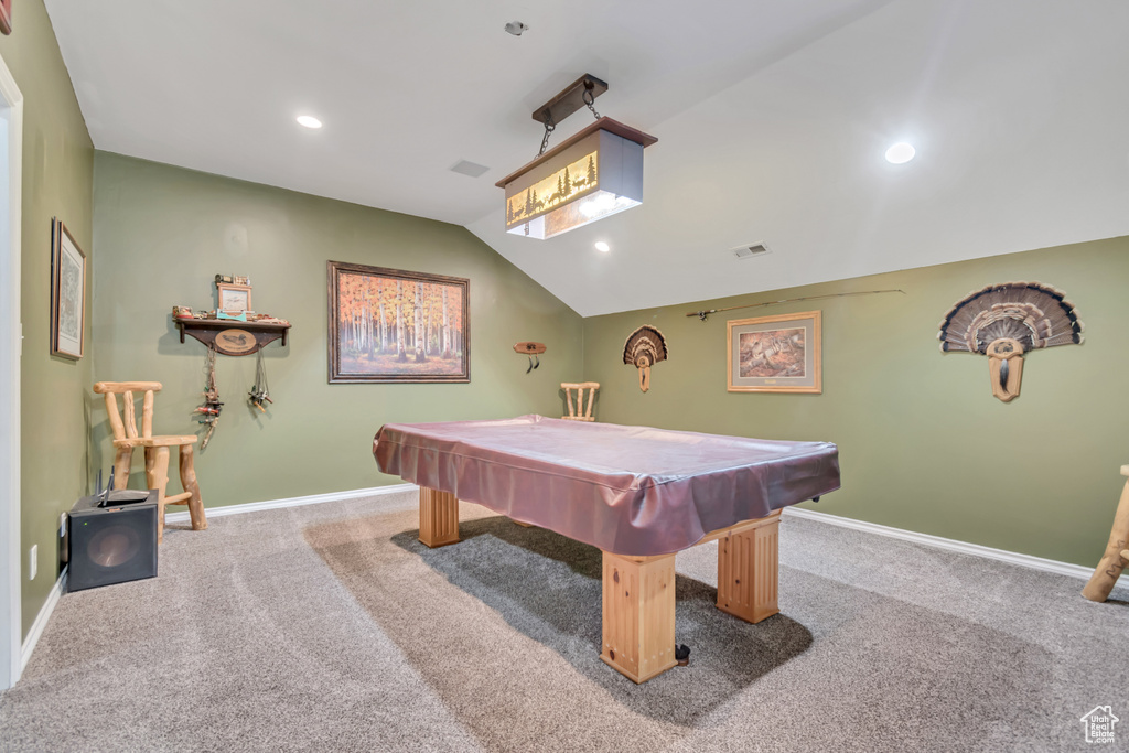 Playroom featuring carpet flooring, vaulted ceiling, billiards, baseboards, and recessed lighting