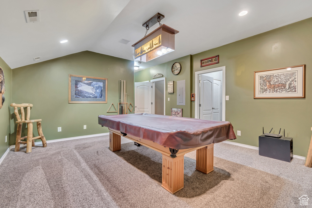 Rec room with carpet flooring, baseboards, billiards table, vaulted ceiling, and recessed lighting