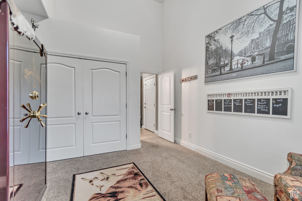Living area featuring carpet floors, baseboards, and a towering ceiling