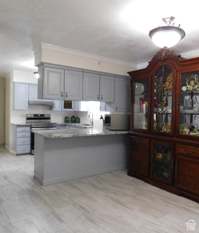 Kitchen with under cabinet range hood, a peninsula, crown molding, stainless steel electric stove, and a sink