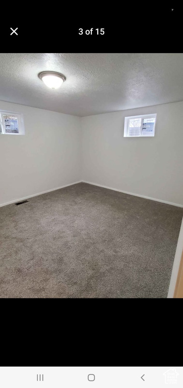 Below grade area with carpet floors, plenty of natural light, a textured ceiling, and baseboards