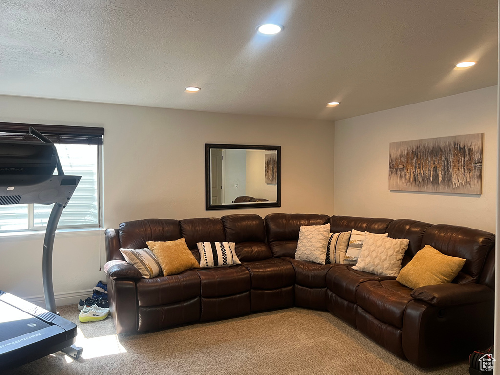 Carpeted living room featuring recessed lighting and baseboards