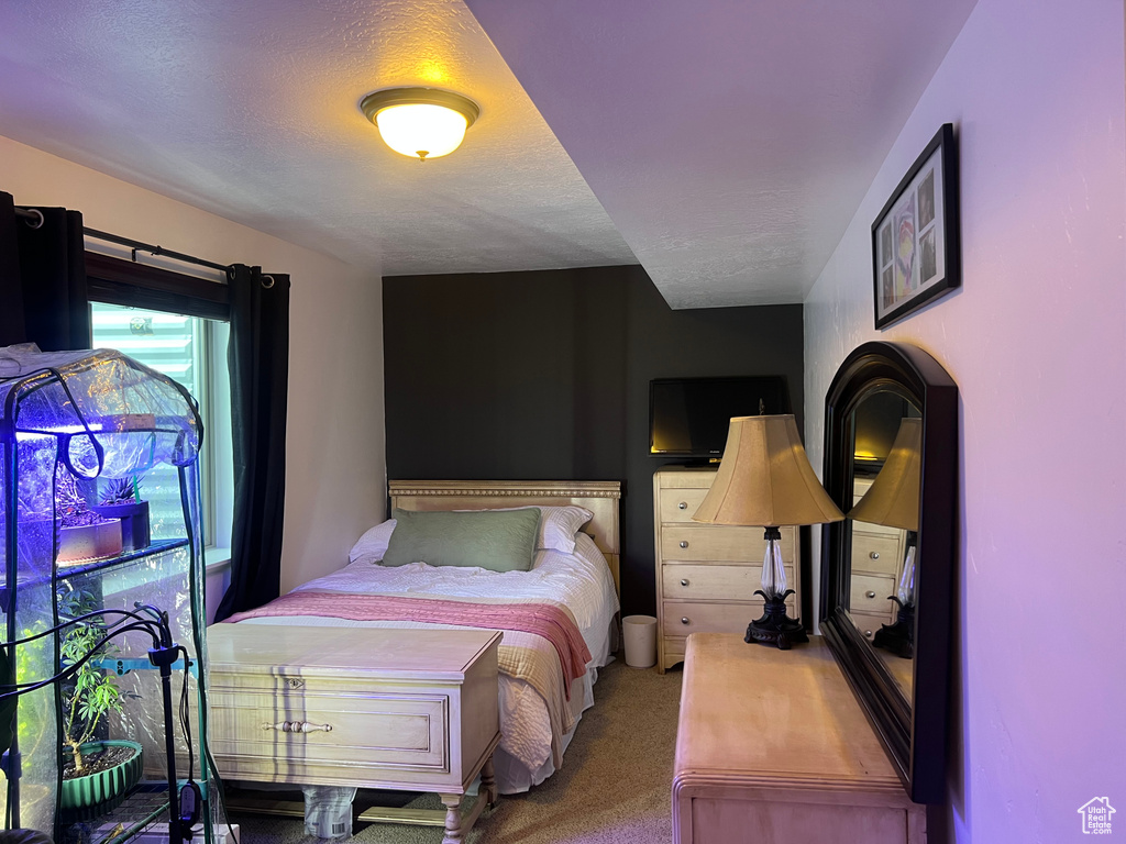 Bedroom with carpet and a textured ceiling
