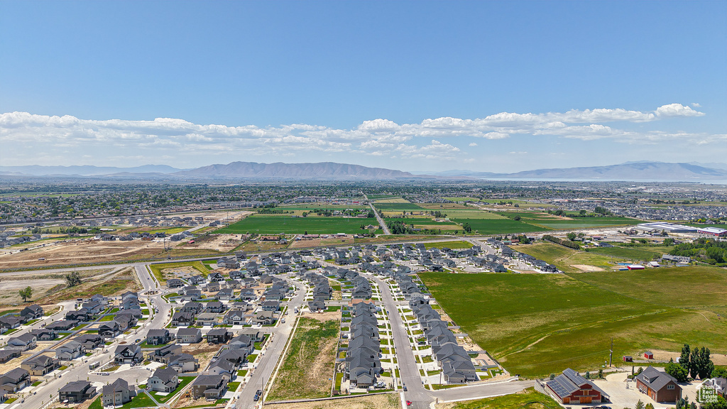 Aerial perspective of suburban area featuring mountains