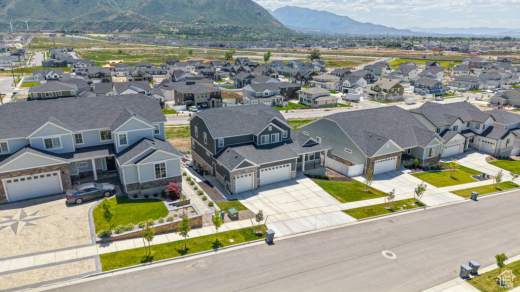 Aerial perspective of suburban area with mountains
