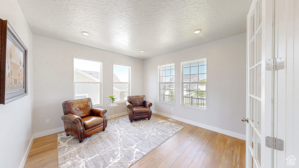 Living area with light wood-style flooring, baseboards, a textured ceiling, and recessed lighting