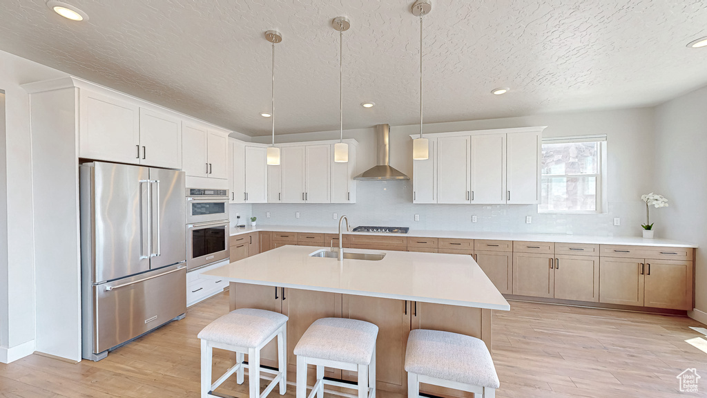 Kitchen with appliances with stainless steel finishes, wall chimney exhaust hood, a sink, light wood-style floors, and light countertops