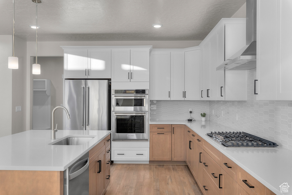 Kitchen with appliances with stainless steel finishes, a sink, wall chimney range hood, light wood finished floors, and light countertops