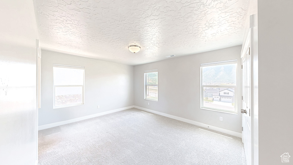 Spare room featuring light colored carpet, baseboards, and a textured ceiling