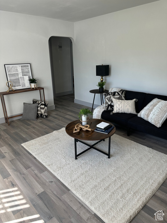 Living room featuring arched walkways, baseboards, and wood finished floors