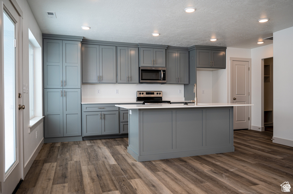 Kitchen featuring appliances with stainless steel finishes, gray cabinetry, an island with sink, light countertops, and plenty of natural light