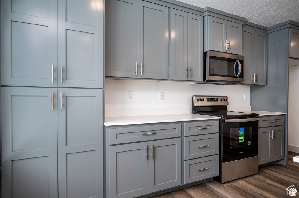 Kitchen with stainless steel appliances, gray cabinetry, light countertops, dark wood-type flooring, and a textured ceiling