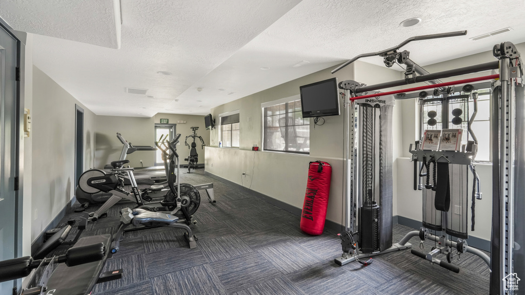 Exercise room featuring a textured ceiling, baseboards, and carpet flooring