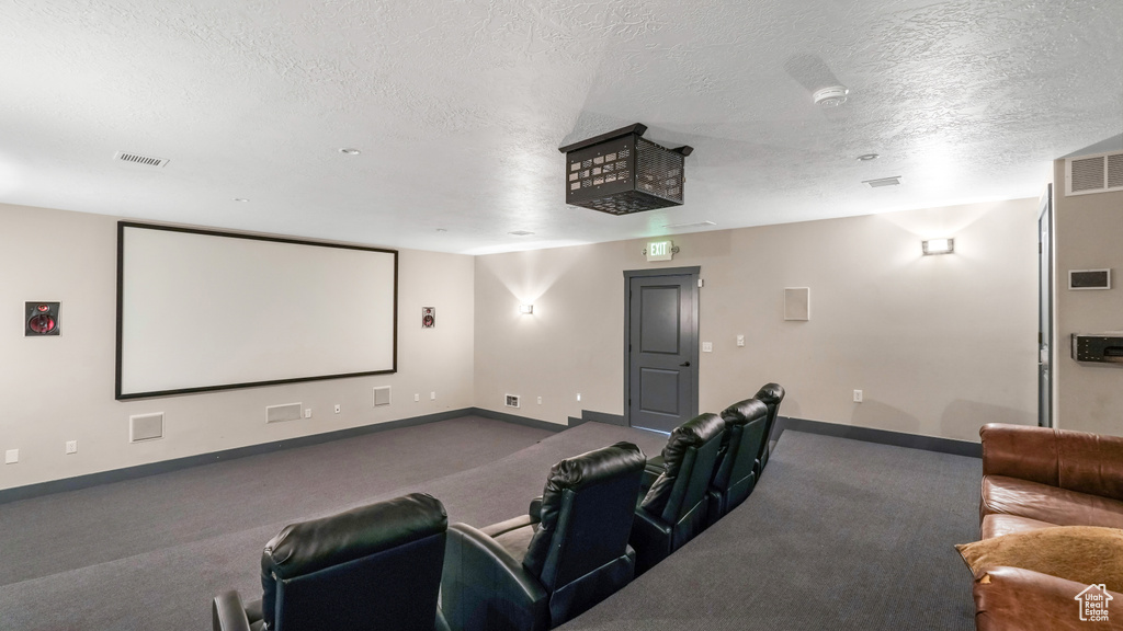 Carpeted cinema with baseboards and a textured ceiling