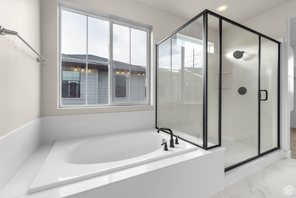 Full bathroom with a garden tub, a stall shower, marble finish floors, and recessed lighting