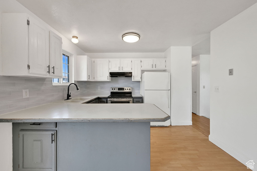 Kitchen featuring stainless steel electric stove, a sink, freestanding refrigerator, under cabinet range hood, and decorative backsplash